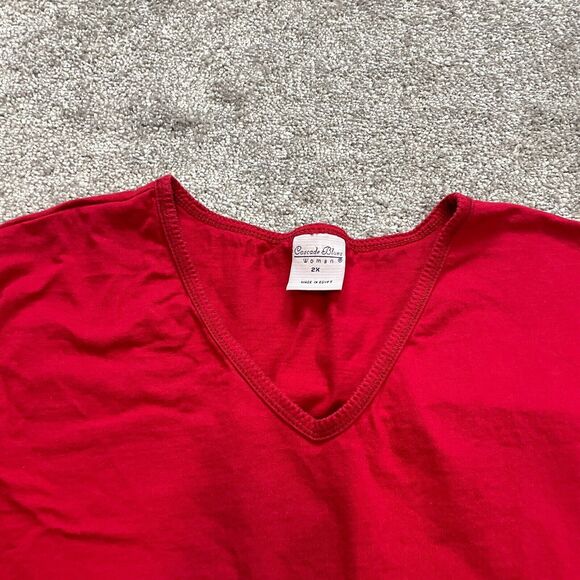 Cascade Blues Shirt Womens Plus 2X Red Short Sleeve V Neck Solid Cotton Tee Top - Picture 3 of 8